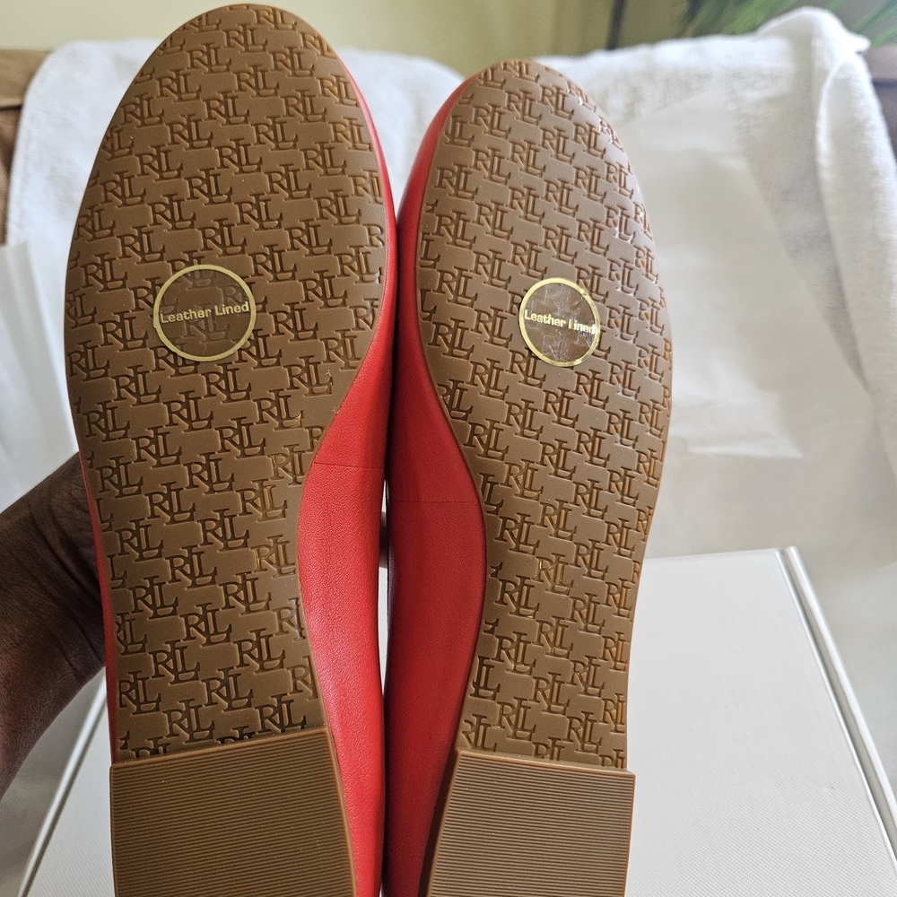 Lauren Ralph Lauren Jayna Red Leather Ballet Flats with Bow Detail - Picture 3 of 6